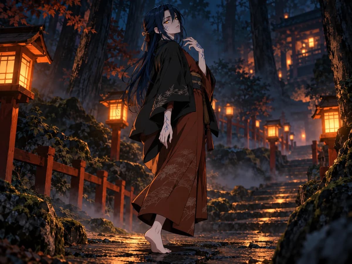 Original supernatural demon OC in a lantern-lit forest