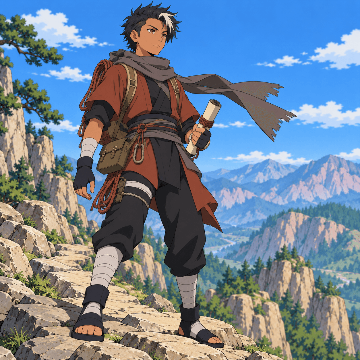 Original mountain courier with climbing gear and a scroll on a rocky path