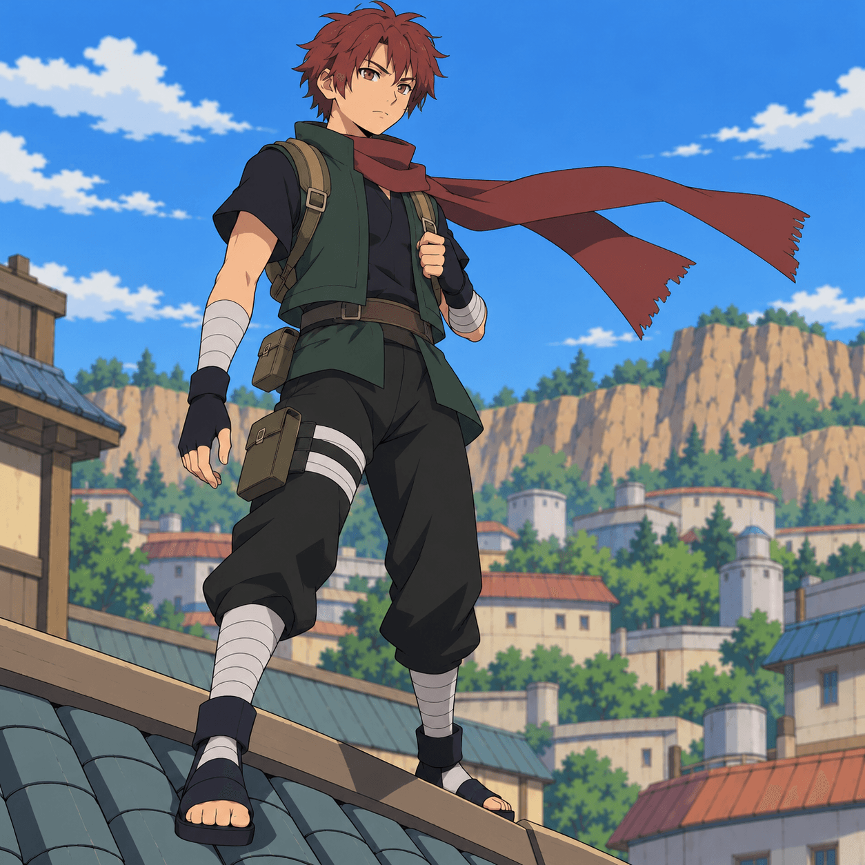 Original red-haired shinobi scout overlooking a sunlit village